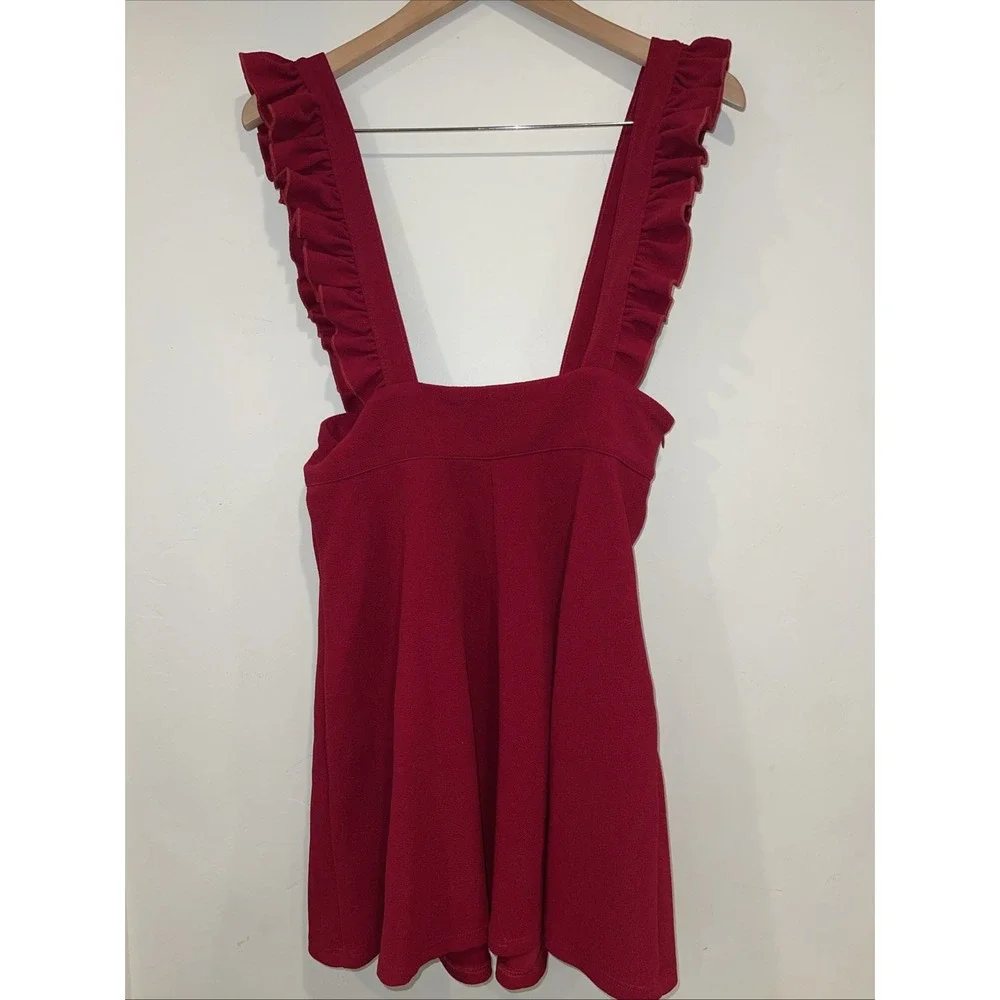 Wine Red Fit &‎ Flare Pinafore Mini Skirt Kawaii Ruffle Straps Sz L Overall
